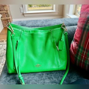 Coach all leather bag tote bright green gold accents